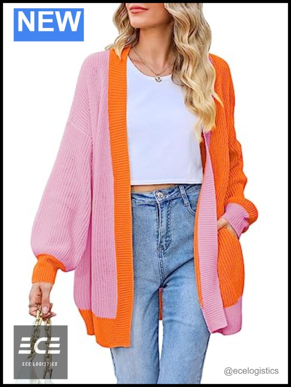 Oversized Ribbed Knit Cardigan Batwing Sleeve Open Front with Pockets
